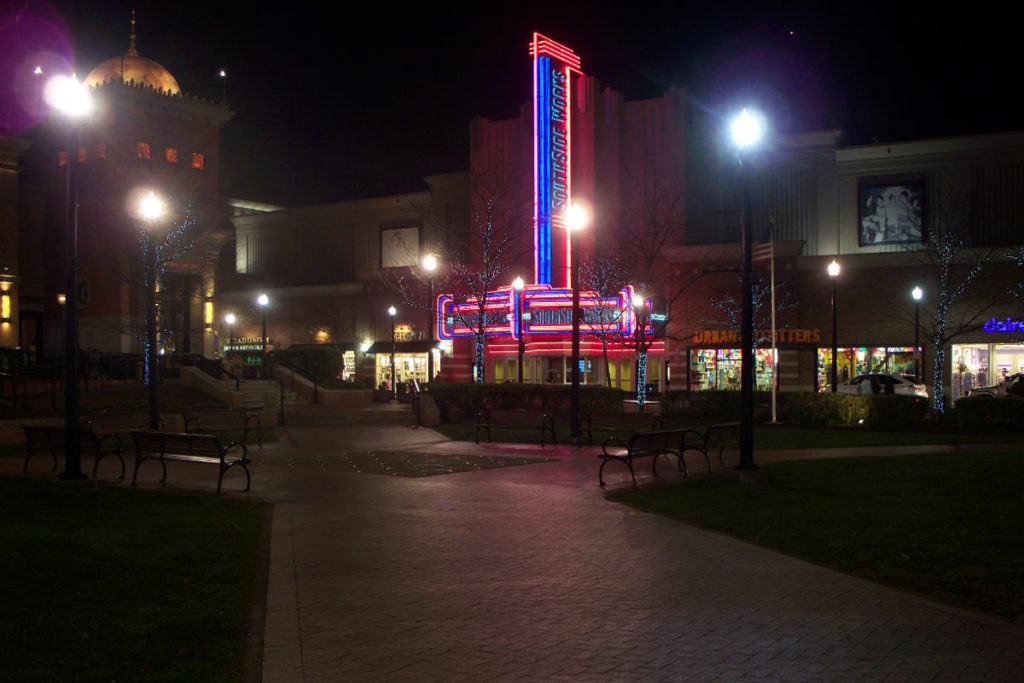 SouthSide Works town square at night