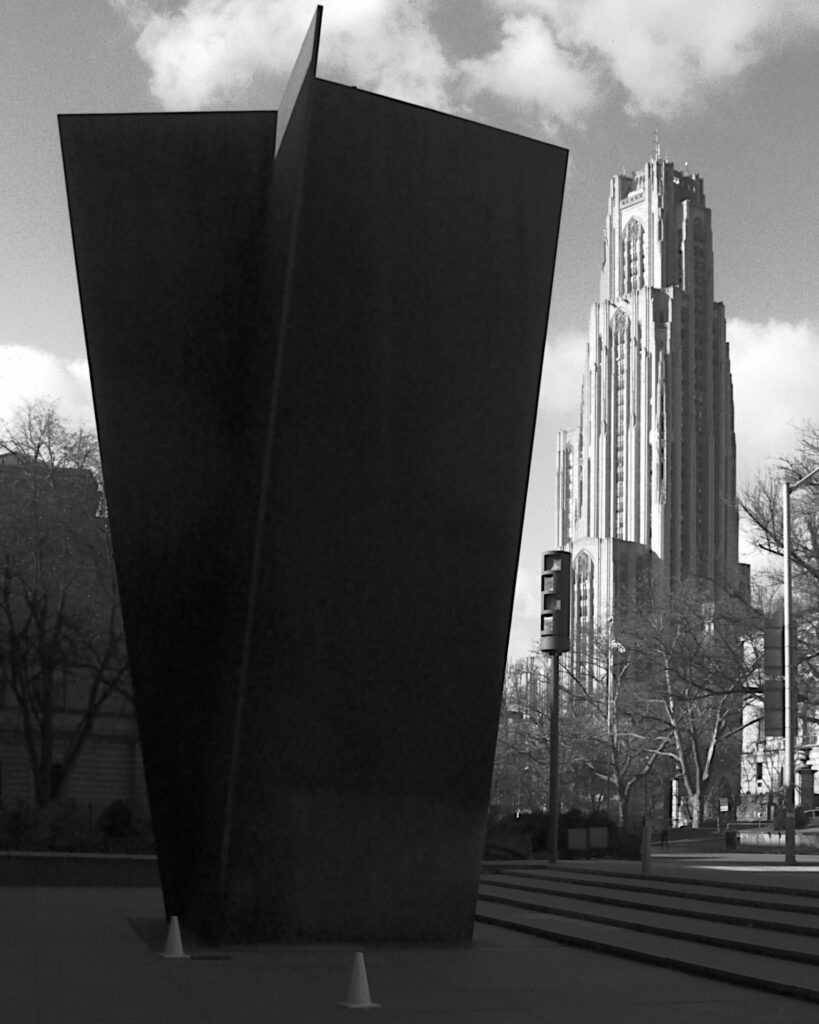 Cathedral of Learning and abstract sculpture