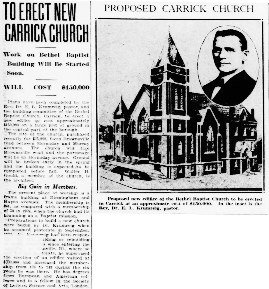 “Proposed Carrick Church,” Pittsburgh Gazette-Times, February 18, 1925