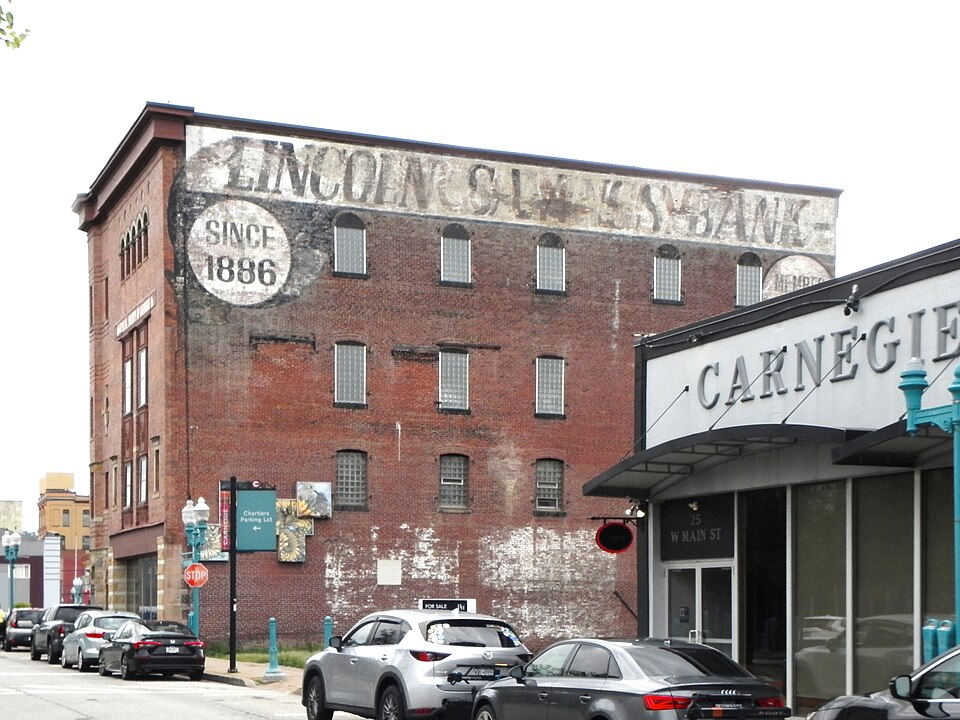 Husler Building with ghost signs for Lincoln Savings Bank