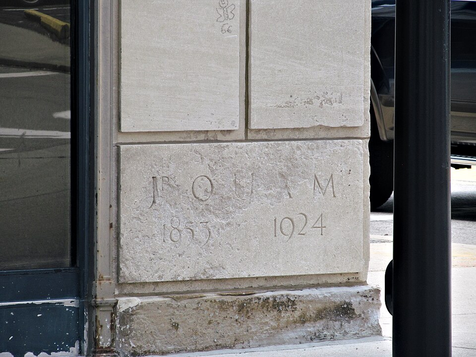 Cornerstone, with date of foundation (1853) and construction (1924)
