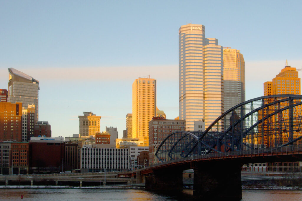 Part of downtown Pittsburgh in sunset light