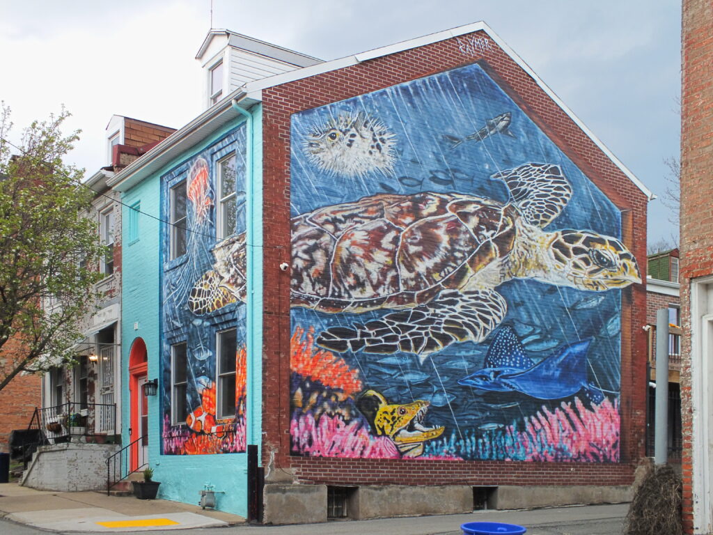 Rowhouse with sea-turtle mural