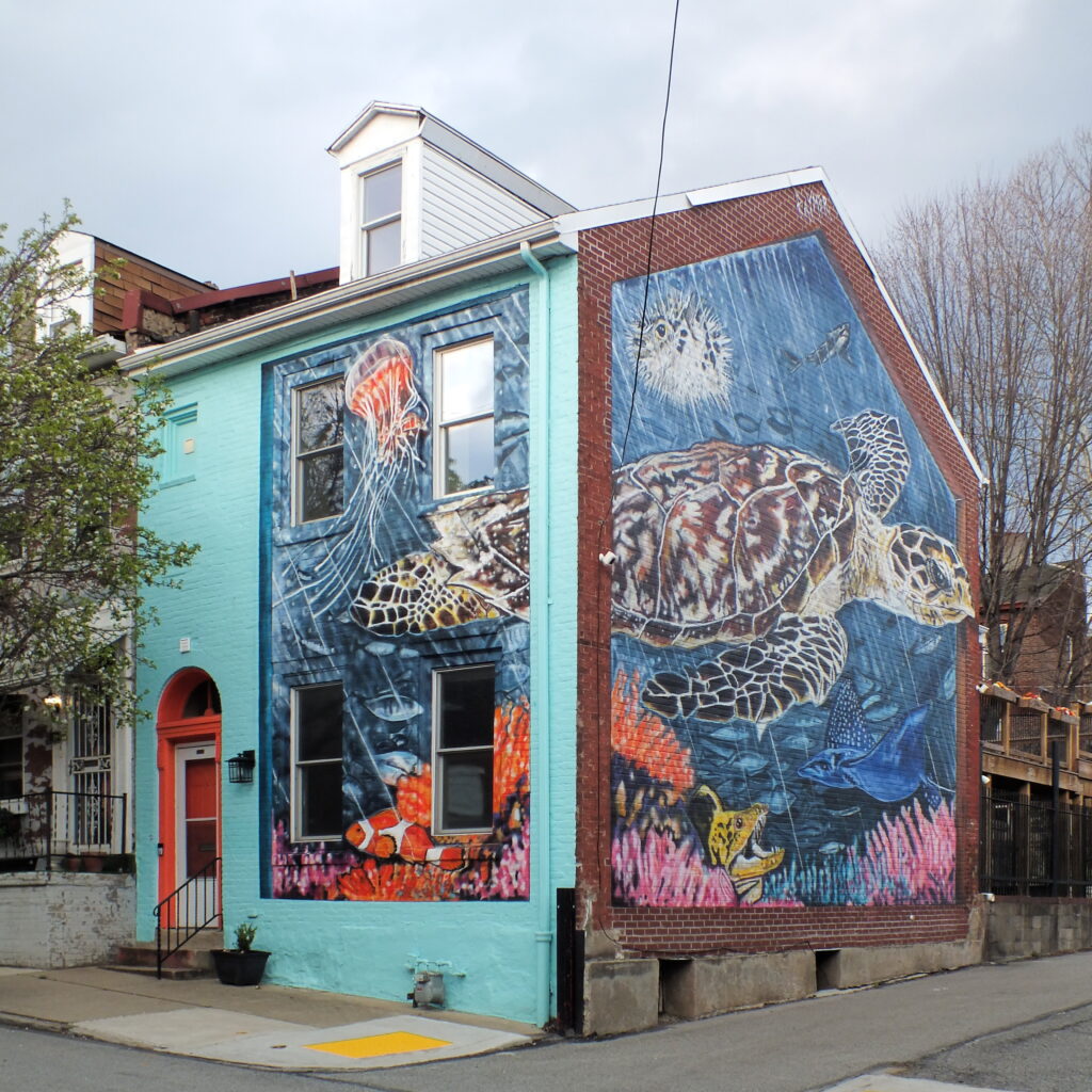 Rowhouse with sea-turtle mural