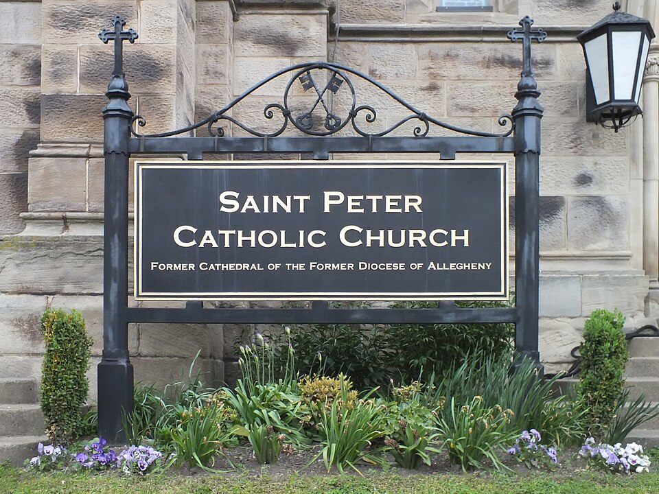 Saint Peter Catholic Church, former cathedral of the former diocese of Allegheny, sign