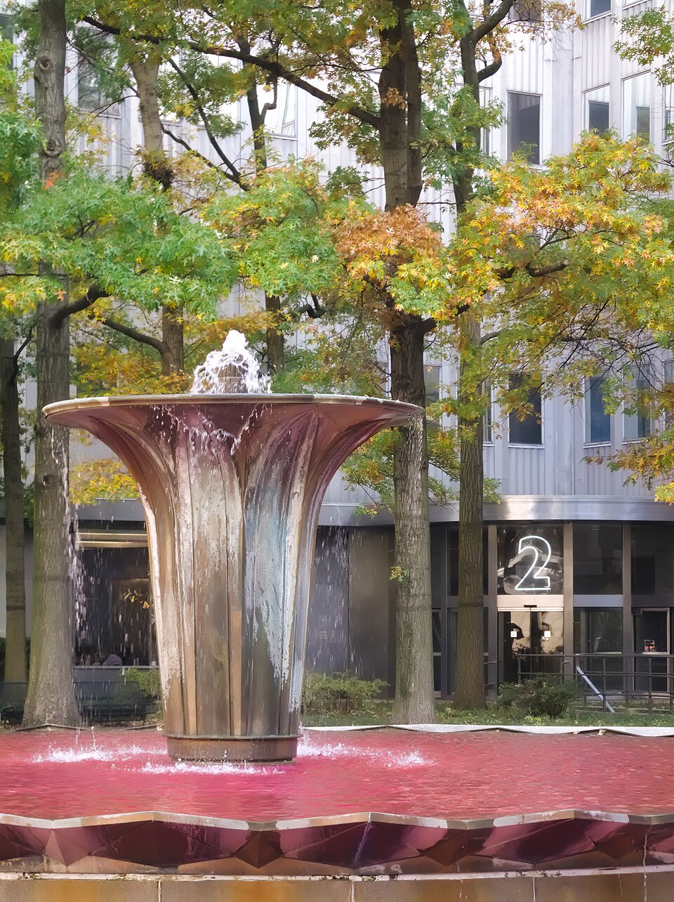 Gateway Center fountain dyed pink