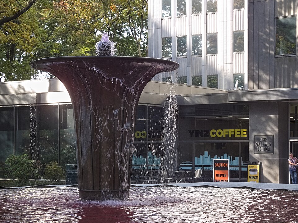 Gateway Center fountain dyed pink