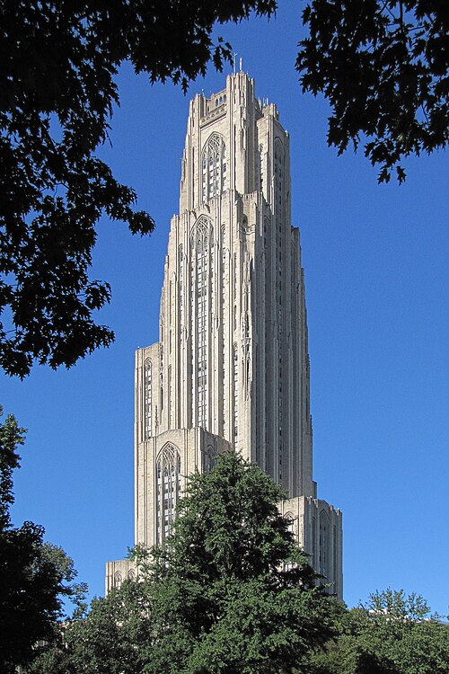 Cathedral of Learning framed with trees