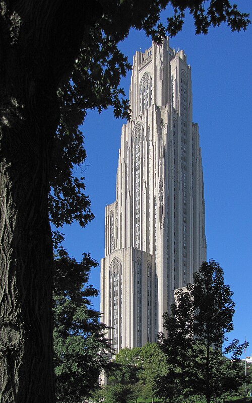 Cathedral of Learning framed with trees