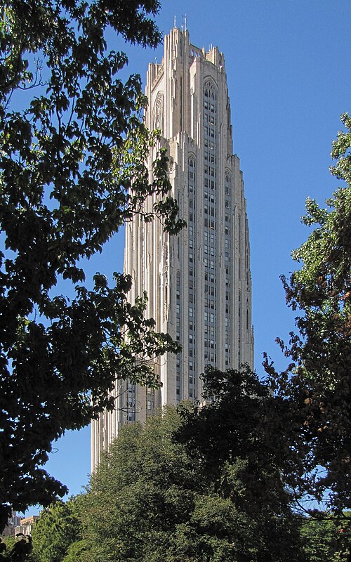 Cathedral of Learning framed with trees