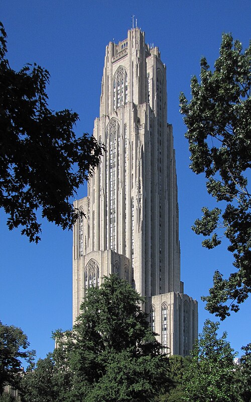 Cathedral of Learning framed with trees