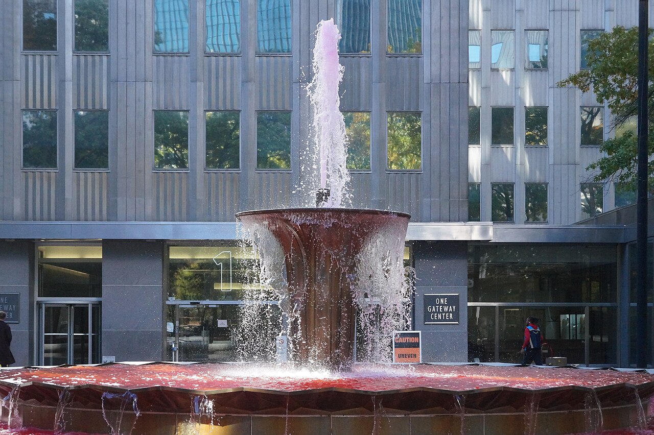 Gateway Center fountain in pink